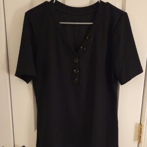 Women's Black Ribbed Short-Sleeve V-Neck Button Top